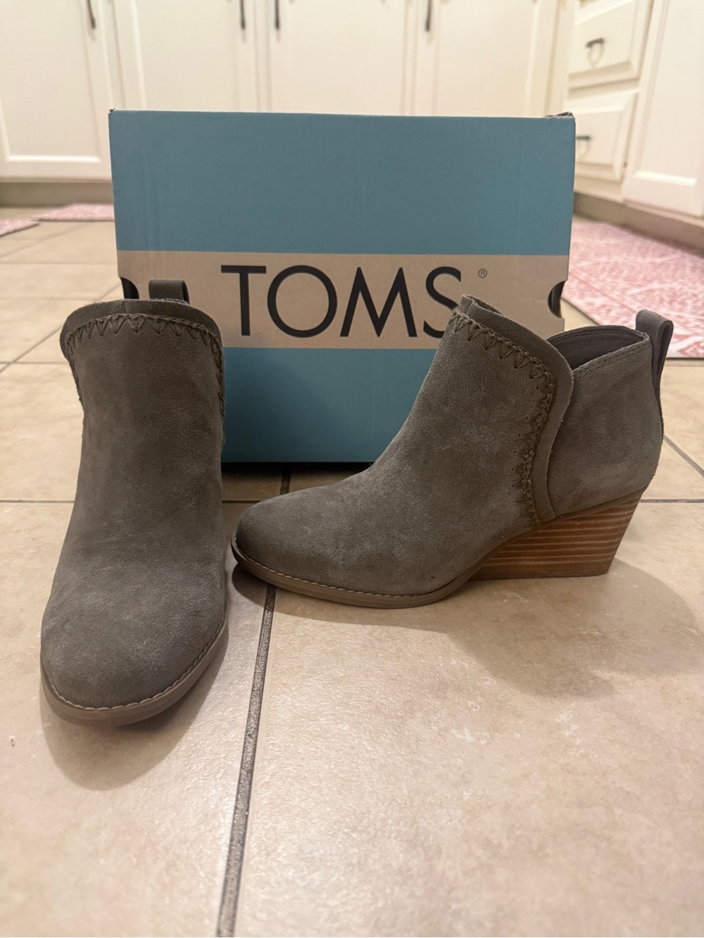 TOMS Gray Suede Ankle Booties with Stacked Heel